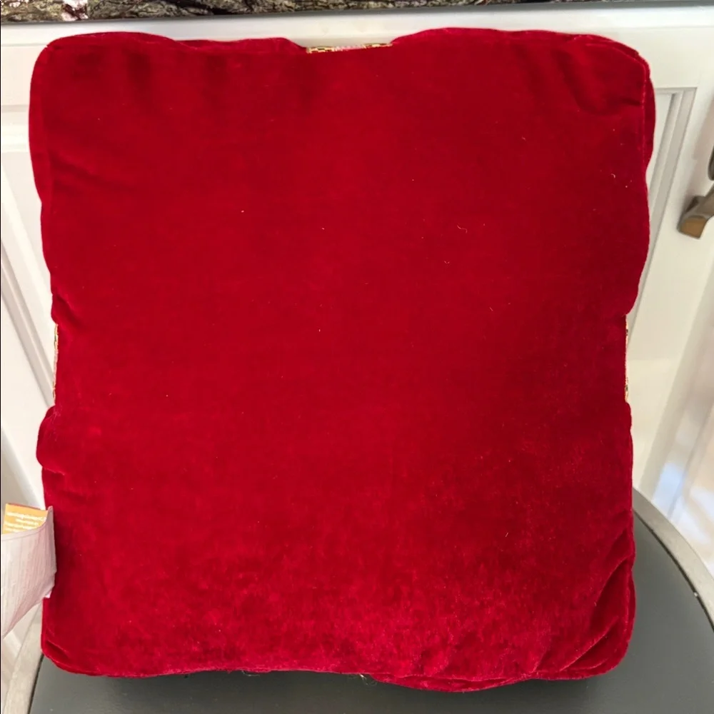 Home Collection Red Velvet Holiday Pillow with Gold Bow and Green Leaves 11”x12”